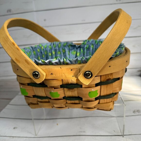 None Other - Handmade Woven Basket with Handles - Painted Frogs & Frog Print Liner 9" x 6 1/2